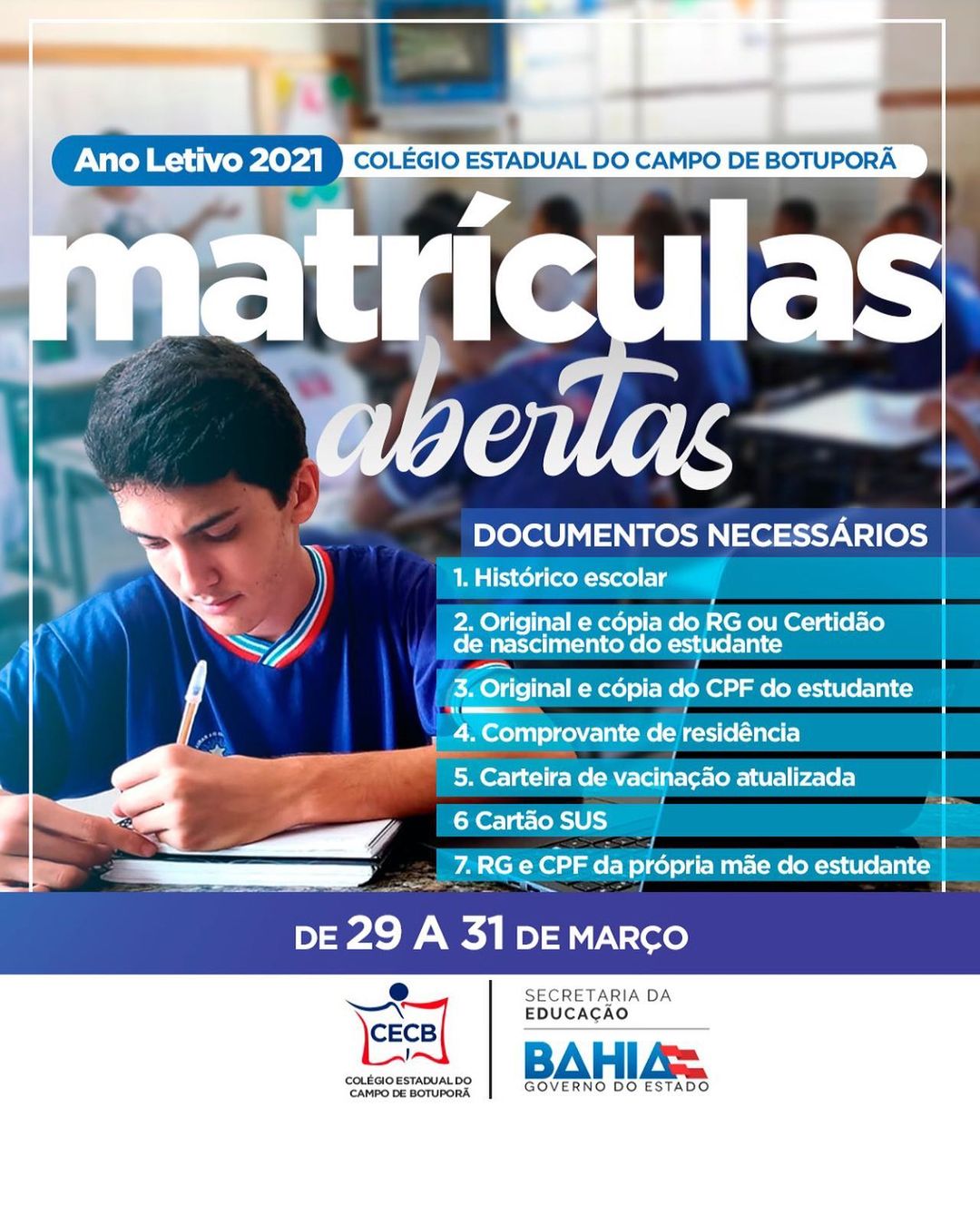 Matrículas abertas (Ano Letivo 2021)